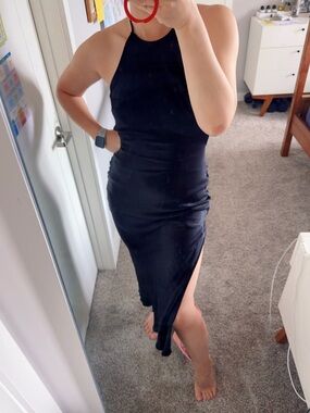Black Halter Midi Dress with Side Slit